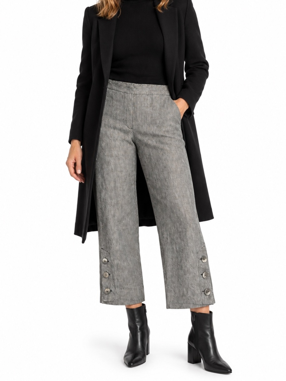 Chico’s Size 10 Gray 100% Linen Cropped Pants Button Hem